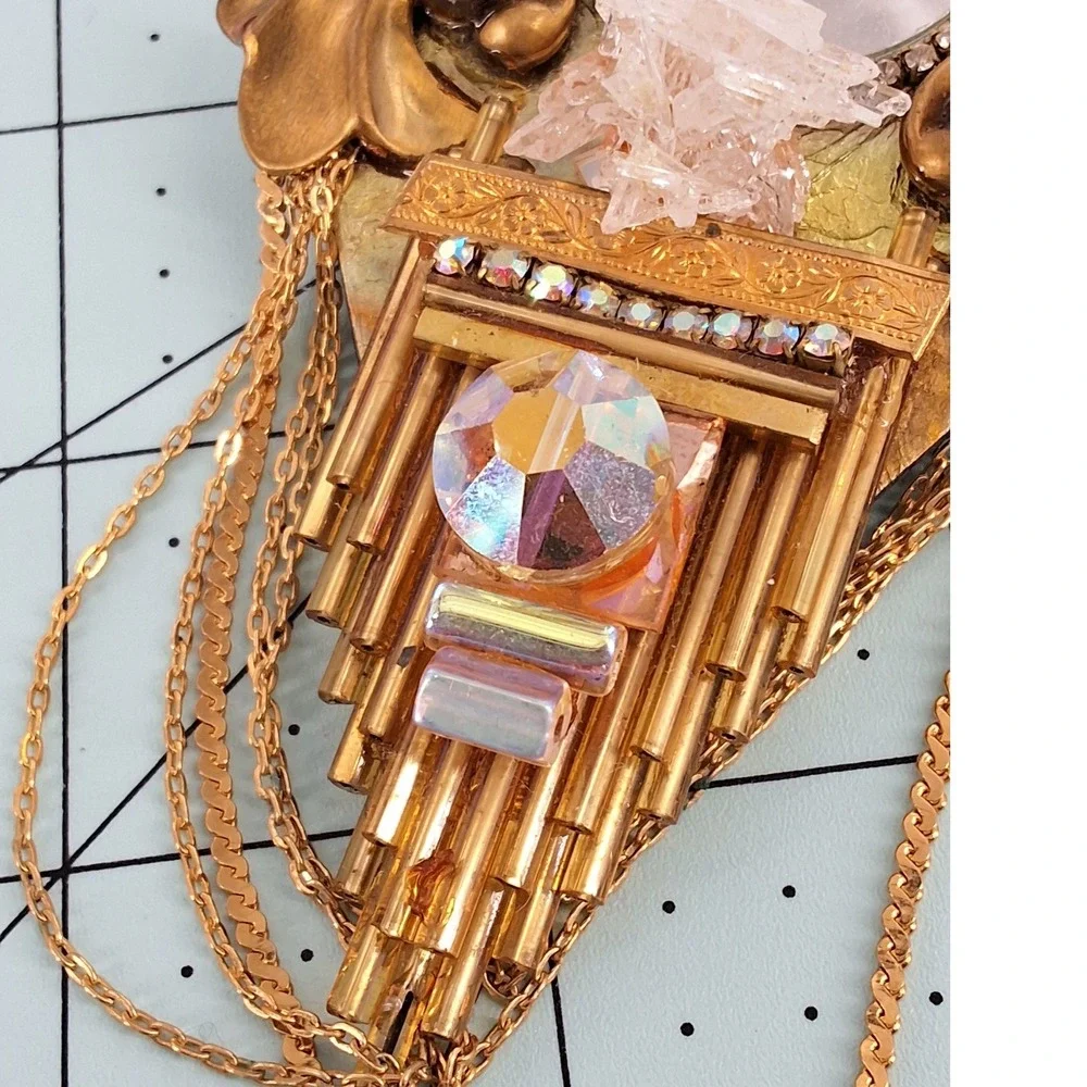 Art Deco Revival Assemblage Brooch - Quartz Crystal Shell & Draped Chain‎ Gold